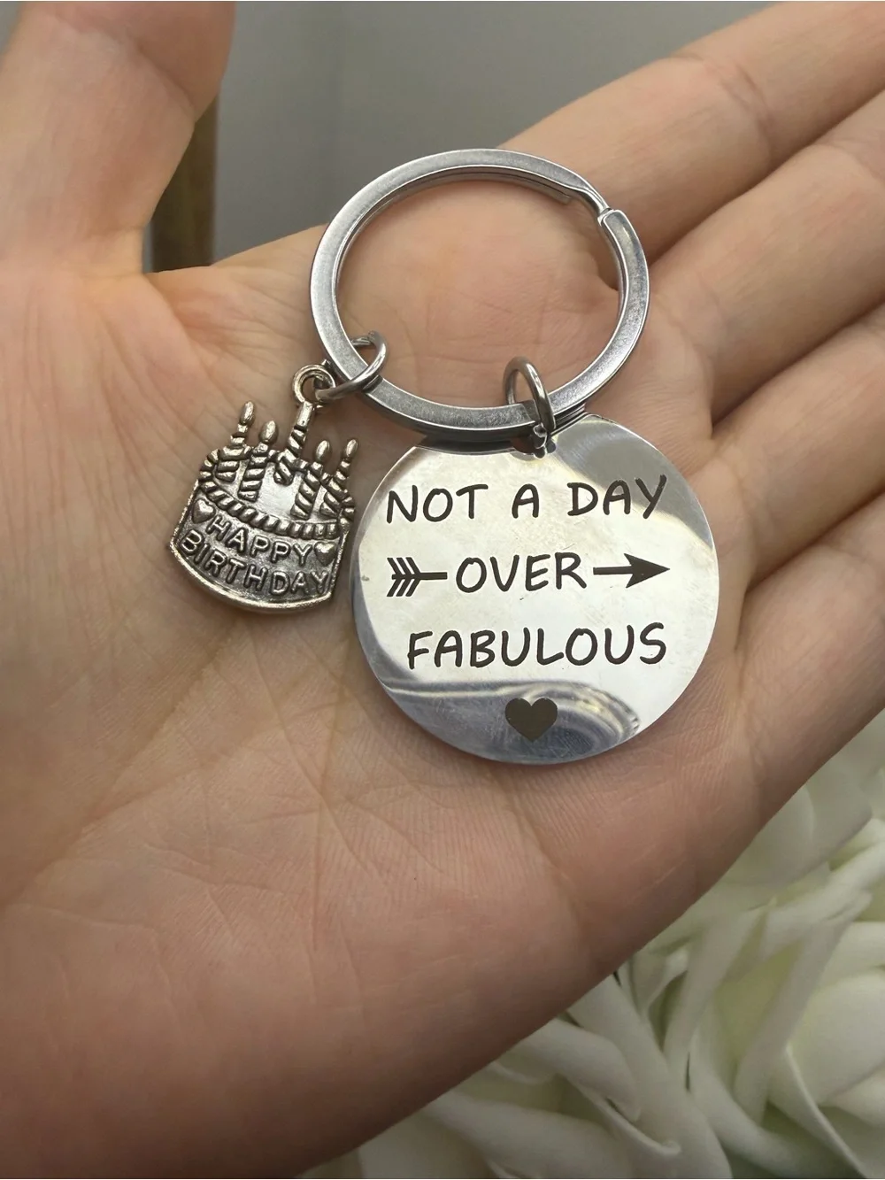 Silver 'Not a Day Over Fabulous' Keychain with Birthday Cake Charm